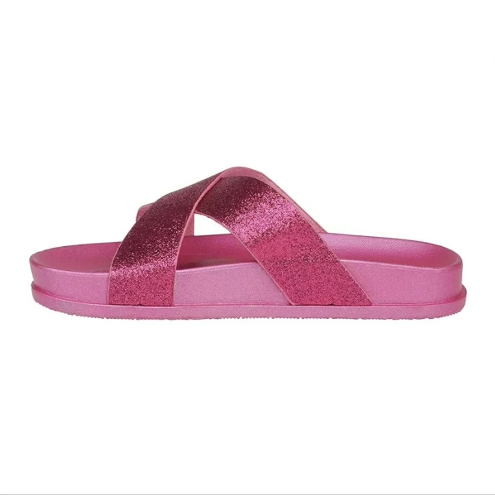 Rampage Fuschia Glitter Criss Cross Flat Slide Sandals Size 13/1